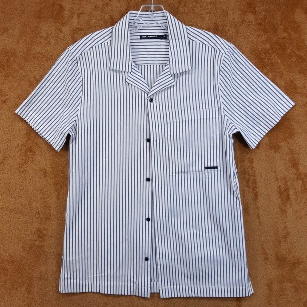 KARL LAGERFELD Shirt Small White Black Stripe Button Up Pocket Short Sleeve $149